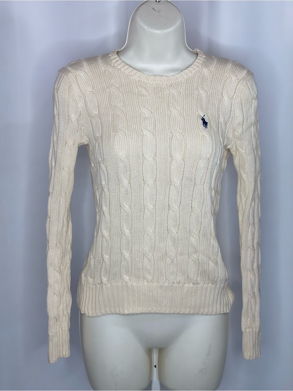 Polo Ralph Lauren Cable Knit Pima Cotton Sweater Cream XS Preppy Classic
